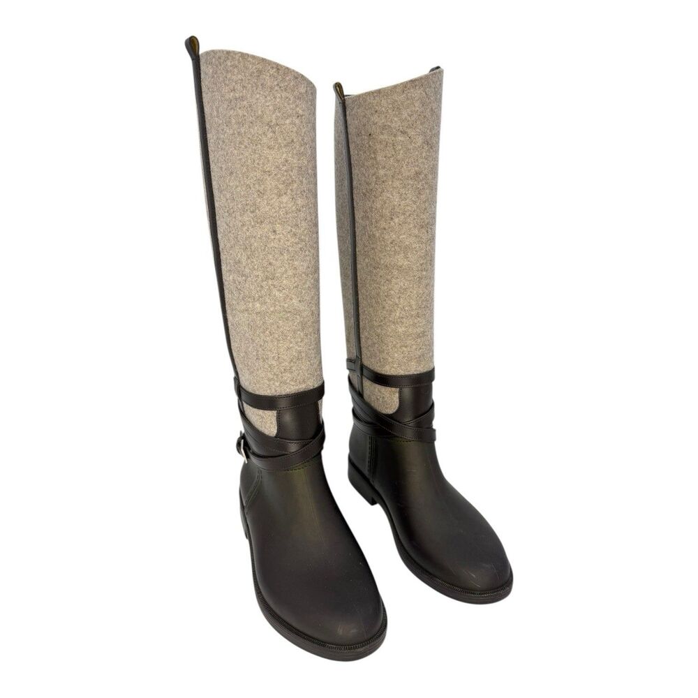 Salvatore Ferragamo Cordelia Felt Brown/Ivory Riding/RainBoots Rubber Size 10US